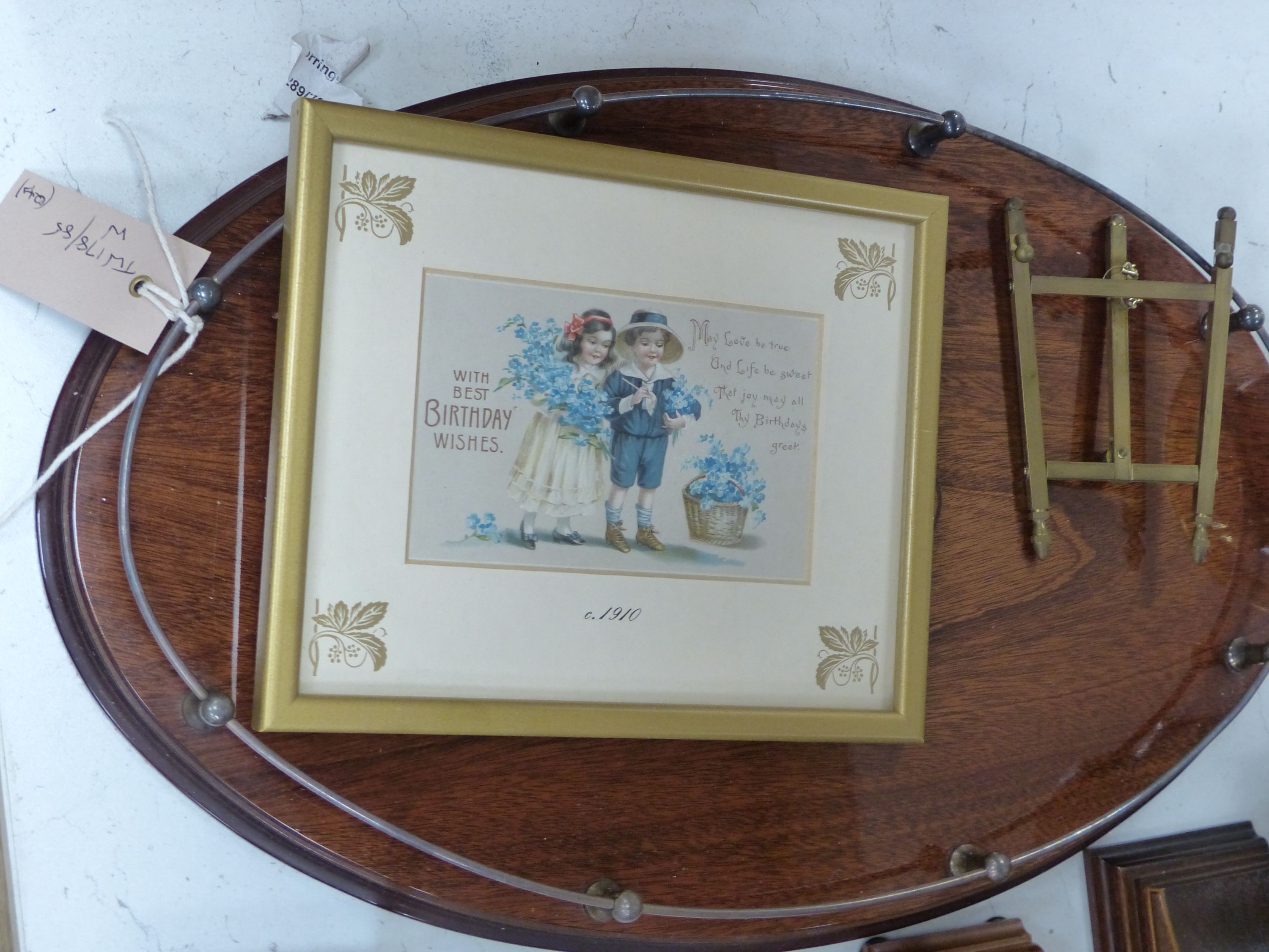Miscellaneous items, including a brass counter bell, an oval inlaid mahogany galleried tray and four various mantel clocks